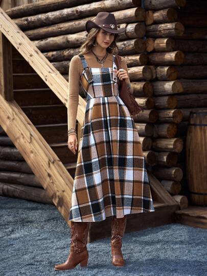 LanaWest Vestido casual de vacaciones de estilo bohemio occidental con diseño de alta gama, hebilla decorativa y tela a cuadros, para otoño/invierno