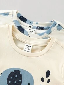 SHEIN Baby Boy Casual Cute Cartoon Elephant Print Tight Fit Long Sleeve Crew Neck Pajama Set, Suitable For Autumn/Winter Baby Boy Clothes Elephants Baby Elephant Outfit Pajama Baby Set Baby Matching Sets Toddler Sets Baby Boy Fall Clothes