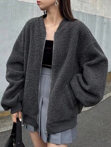 FRIFUL 女式超大羊毛飞行员夹克，宽松版型，纯色