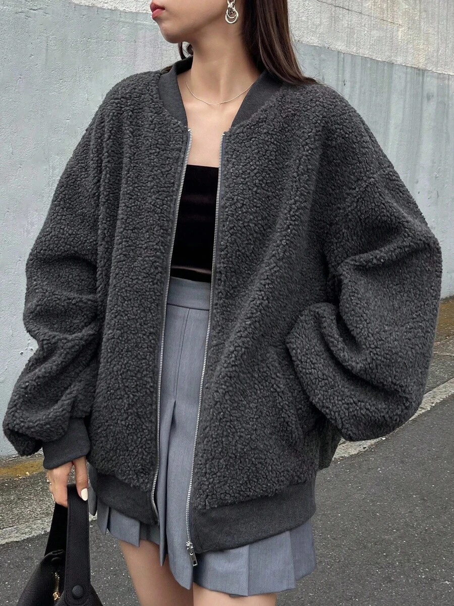 FRIFUL 女式超大羊毛飞行员夹克，宽松版型，纯色