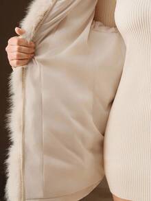 Anewsta Manteau mi-long élégant pour femmes grandes tailles, avec capuche en fausse fourrure et taille cintrée