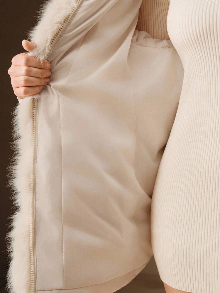 Plus Size Women Luxury Faux Fur Hooded Waist Cinched Elegant Mid-Length Coat
