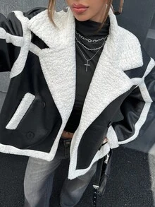 SHEIN ICON Damen Schwarze und Weiße Lässige Locker Kragen Langarm Einreihige Jacke, Herbst/Winter - Schwarz und Weiss - Übersicht 3