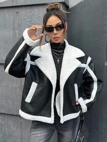 SHEIN ICON Damen Schwarze und Weiße Lässige Locker Kragen Langarm Einreihige Jacke, Herbst/Winter - Schwarz und Weiss - Übersicht 6