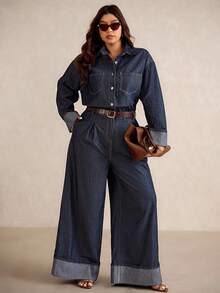 Elaquor Plus Size Dark Blue Denim Jumpsuit, Long-Sleeved Shirt, Straight Pants With Folded Hems, Casual Autumn Wear For Going Out Plus Size Denim Outfits For Women