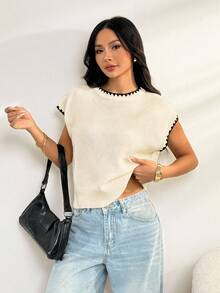 SHEIN PETITE Women's Contrasting Color Trim Round Neck Short Sleeve Casual Versatile Knitted Top Fall Tops,Knitted Sweater - Apricot - View 6