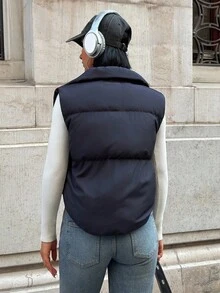 SHEIN Cottnline Puffer Vest, Street Style, Zipper Detail, Drawstring Neck, Winter Layering, Functional Pockets, Casual Outerwear, Urban Fashion - Navy Blue - View 2