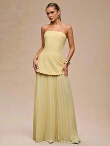 SHEIN BAE 女式纯色褶裥长裙 - 黃色 - 查看 2