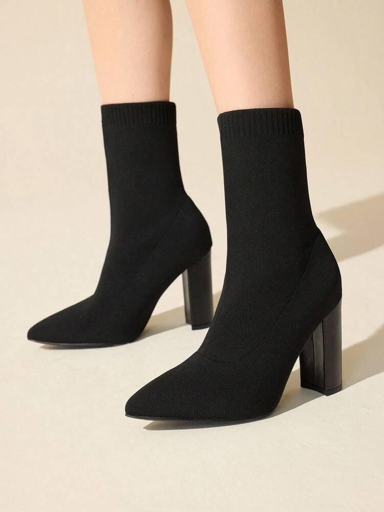 CUCCOO BASICS Women's Pointed Toe Chunky Heel Black Knit Fabric Comfortable Breathable Fashion Elastic Mid-Calf Boots For Christmas Spring Shoes