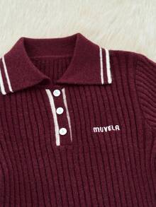 Muvela 女士休闲复古条纹翻领纽扣长袖毛衣，复古学院风，返校季，日常穿着，温暖舒适，秋季，复古风 - 酒紅色 - 查看 5