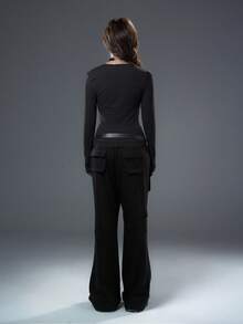 Bloopia Pantalones anchos acampanados con bolsillos y parches, moda de otoño/invierno, estilo casual y urbano, personalizado para mujer - Gris - Ver 6