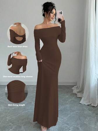 Rafferiza Sexy & Elegant Bodycon Long Sleeve Twist Back Open Mermaid Hem Stretch Knit Dress, White For Women, Autumn/Winter Maxi Women Outfit