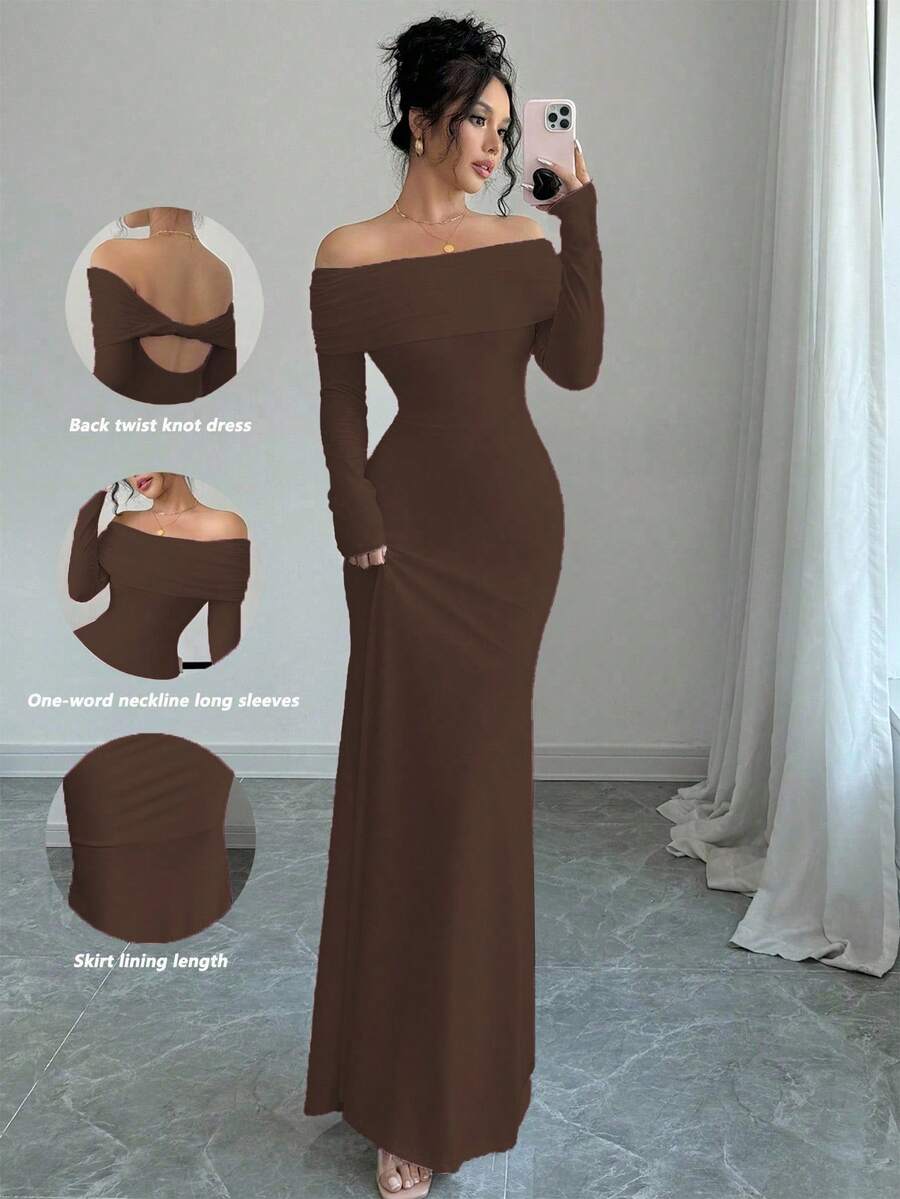 Rafferiza Đầm dệt kim co giãn dáng ôm body tay dài xoắn lưng hở gấu đuôi cá gợi cảm & thanh lịch, màu trắng dành cho nữ, trang phục maxi thu/đông dành cho nữ - Cà phê - Xem 1