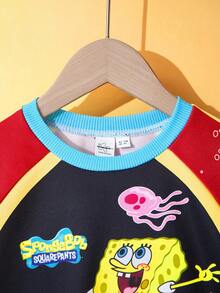 SpongeBob SquarePants | SHEIN Young Boy Colorblock Cartoon Race Car Graphic Raglan Sleeve Crew Neck Sweatshirt, Autumn/Winter