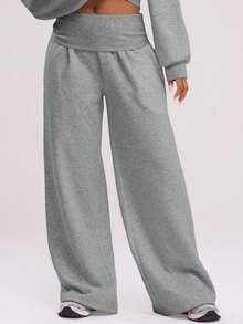 MUSERA Extreme Wide Leg Fold Over Waist Pants  Casual  Airport Fall, Autumn, , - Dark Grey - View 2