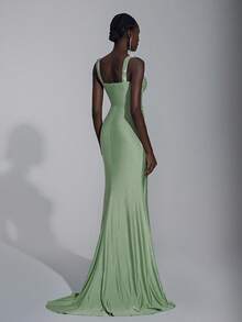 Elitara 优雅的橄榄绿色细肩带方领重饰褶饰腰部鱼尾连衣裙，适合约会、度假、毕业典礼、婚礼、正式活动 - 草綠色 - 查看 4