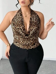 Elenzga Plus Size Women Elegant Party Sexy Halter Plunging Neck Leopard Print Camisole - Multicolor - View 3