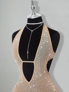 SHEIN ICON 女式杏色深 V 领水钻透视露背迷你连衣裙，性感派对和活动适用 - 杏色 - 查看 4