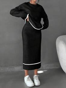 EURMUSE Women Striped Detailed Sweater Long Skirt Set Co-Ords - Black - View 3