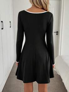 Easowa Square Neck Contrast Trim Long Sleeve Fitted Waist A-Line Flare Casual Relaxed Elegant Office Lady Vintage Mini Dress Black Mini Dress Long Sleeve Black Dress Black Dress Casual Black Dress Cute Black Dress Winter Dresses For Women Women's Winter Clothes