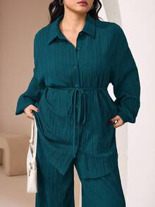 Veilorie 2pcs Plus Size Casual Solid Color Textured Long Sleeve Shirt And Pants Set, Autumn 2 Pieces Set - Teal Blue - View 5