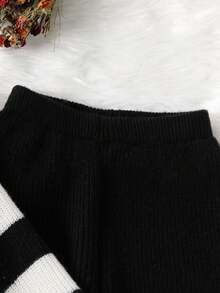 SHEIN 青少年女孩条纹针织两件套，毛衣和裤子套装，时尚休闲冬季服装 - 黑色 - 查看 4