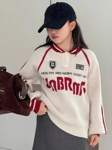 Dazy Kids Suéter de Tricô com Bloco de Cores e Letras para Meninas, Outono - Multicolorido - Visão 6