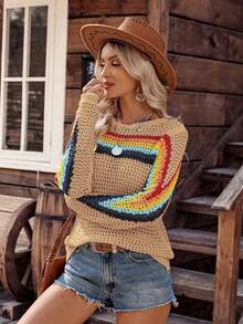 LanaWest Áo len dệt kim kiểu nông thôn họa tiết sọc khối màu dành cho nữ - Màu Khaki - Xem 3