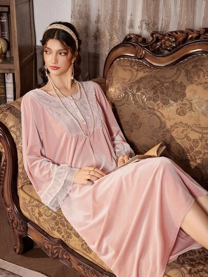  PalaceNights Women's Embroidered Lace Trim Loose Maxi Dress, Vintage Palace Style Velvet Winter Long Sleeve Nightgown Women Night Gowns Pajamas Gown For Woman, Moo Moo Night Dress