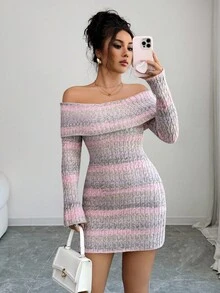 SHEIN Clasi Women's Off Shoulder Tie-Dye Striped Bodycon Mini Knit Dress - Purple - View 6