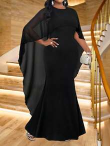 Fleurora 2025新款服装春夏秋冬大码针织圆领白色网纱拼接披肩修身收腰长款鱼尾大码连衣裙秋季女装婚礼宾客礼服女 - 黑色 - 查看 1