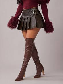 Radiana Casual Versatile Pleated Mini Skirt For Women Belt Skirt Leather Skirts Burgundy Skirt Brown Skirts,ملابس شتوية للنساء - Coffee Brown - View 5