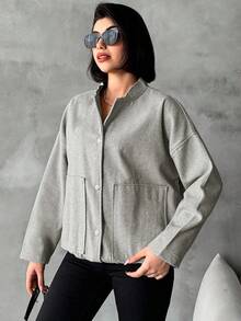 EURMUSE Women Plain Simple Stylish Casual Everyday Overcoat - Grey - View 3