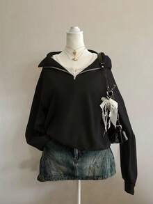 Attitoon Áo khoác nữ dáng rộng in hoa, cổ cao, khóa kéo nửa thân, chất liệu nhẹ, thích hợp cho mùa thu/đông. - màu đen - Xem 1