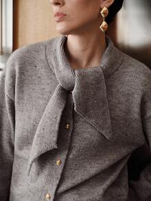 Uhlyne Women's Minimalist Teacher Outfit, Fashion Commuter Style With Design Sense, Gold Button Cardigan Paired With Simple Casual A-Line Skirt, Business Casual 2 Pieces Knit Set, Fall Winter Autumn - Grey - View 6