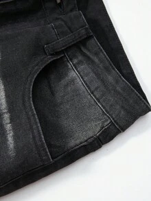 ROMWE MEN Street Life Herren Jeans mit Flammen Muster, Tasche, Falten und weitem Bein - Schwarz - Übersicht 3