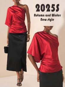 Zivah 20  Autumn/Winter New Styles For Birthday Parties, Back To School, Preppy Style, Student Wear, Everyday Outings, Basic And Versatile, Leisure, Vacation, Cruise, Beach, Seaside, Sunbathing, Influencer Hot Style, Street Style, Elegant, Commuter, Business Casual, One-Shoulder Asymmetrical Shoulder Mid-Length Sleeves, Side Gathering, Shiny Satin, Loose Fit, Reddish Brown, Summer Tops, Women's Tops And Shirts - Redwood - View 4