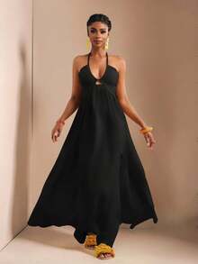 Zivah 新款春夏休闲假日露背露肩胸围、腰围和后背摆裙，前开叉至大腿，黄色海条纹女式超长连衣裙-B