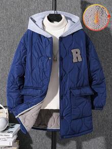 SHEIN 一件装青少年男童休闲运动学院风简约中长款加厚羽绒服，带抓绒保暖内衬，冬季外套，绗缝外套，适合返校秋季穿着。 - 寶藍色 - 查看 3