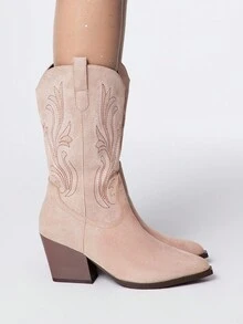 ROMWE Fairycore 女式粗跟尖头刺绣西部牛仔靴，绒面革，秋冬新款时尚户外西部靴 - 卡其色 - 查看 4