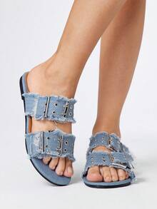 ROMWE Fairycore Women's Round Toe Slip-On Sandals With Dual Straps, Tassel & Heart Buckle Decor, Vintage Style, Comfortable & Convenient For Daily, Work, Party Wear - Blue - View 1