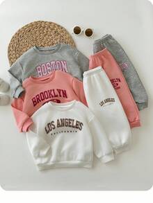 SHEIN 6件套女婴可爱字母印花长袖卫衣和松紧腰裤，秋冬 - 彩色 - 查看 1