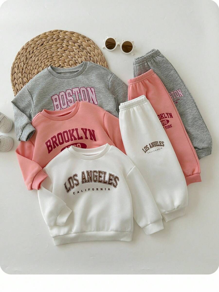 SHEIN 6件套女婴可爱字母印花长袖卫衣和松紧腰裤，秋冬 - 彩色 - 查看 1