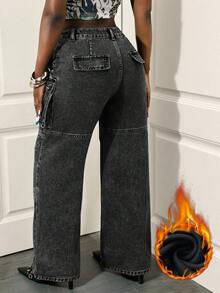 Slaydiva Women's Cargo Pocket Thermal Lined Loose Fit Wide Leg Casual Jeans - Dark Grey - View 2