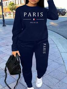 Flirla Bộ trang phục 2 món cỡ lớn, phong cách đường phố, áo nỉ dài tay in họa tiết và quần nỉ - Màu xanh hải quân - Xem 4