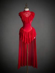 SHEIN ICON 女式红色万圣节迷你立领蕾丝网眼分层不对称下摆服装连衣裙 - 紅色 - 查看 8