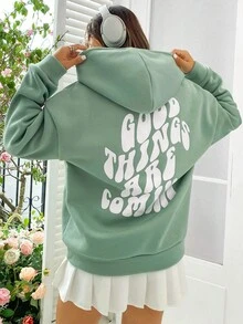 SHEIN Unity Slogan Graphic Drop Shoulder Drawstring Thermal Lined Hoodie GOOD THINGS ARE COMING - Mint Green - View 6