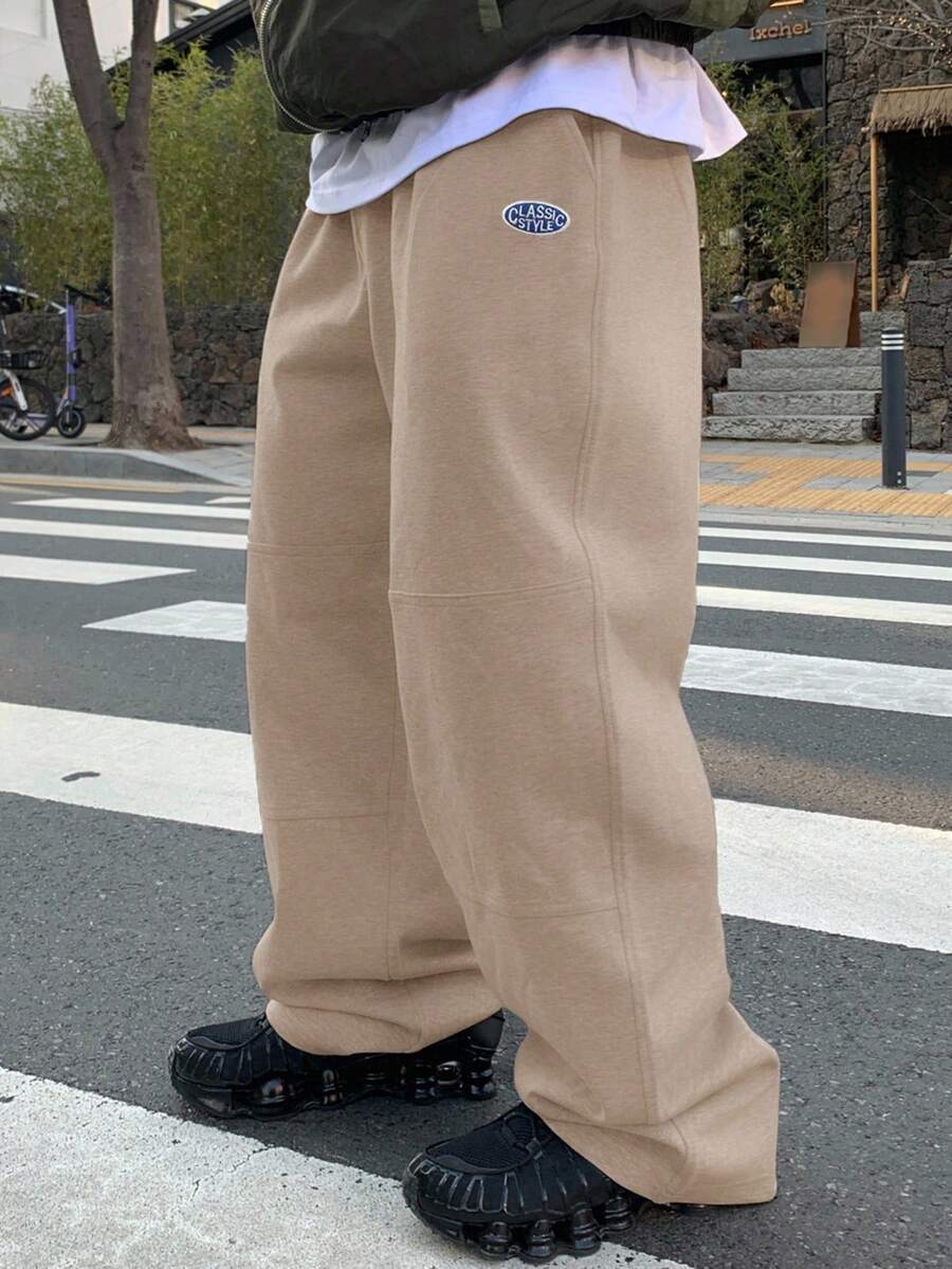 DAZY 男士卡其色字母刺绣保暖内衬运动裤，秋冬男士慢跑裤 - 卡其色 - 查看 1