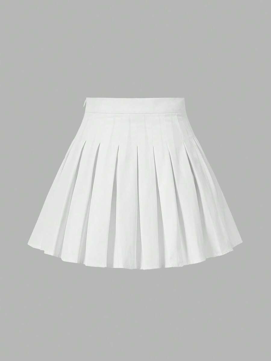 SHEIN EZwear 大尺碼夏季休閒純色百褶裙 - 白色 - 查看 1