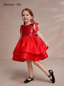 Glamorique Kids 万圣节服装女孩正式庆典生日派对礼服，无袖亮片肩蝴蝶结薄纱公主裙，特殊场合礼服 - 紅色 - 查看 5